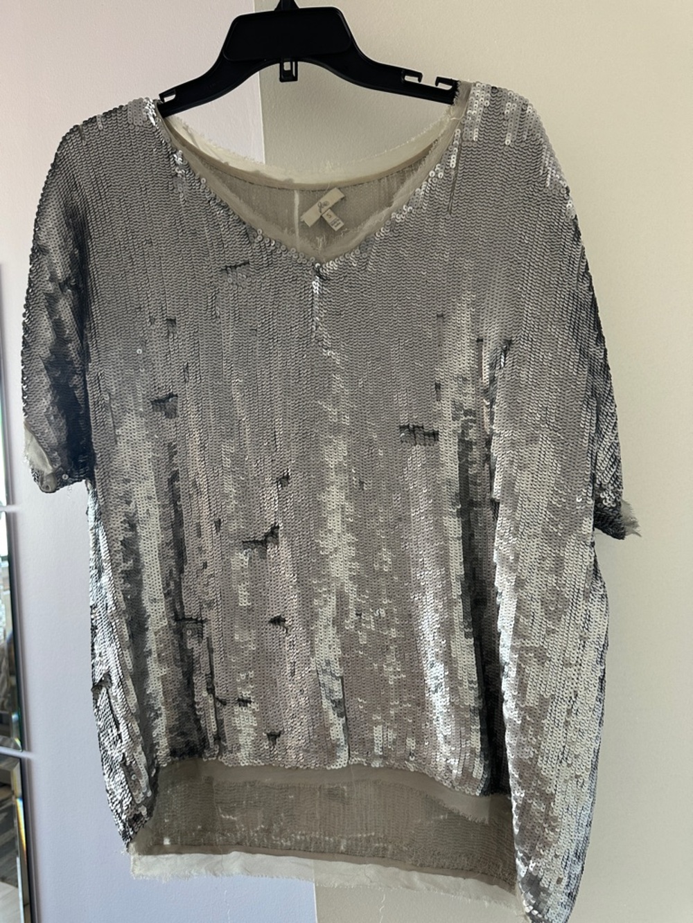 Joie Silver Sequin Short-Sleeve V-Neck Top
